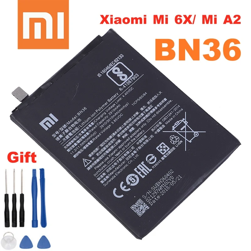 Оригинальный аккумулятор BN36 Xiao Mi для Xiaomi Mi6X 6X MiA2 A2 высококачественные сменные