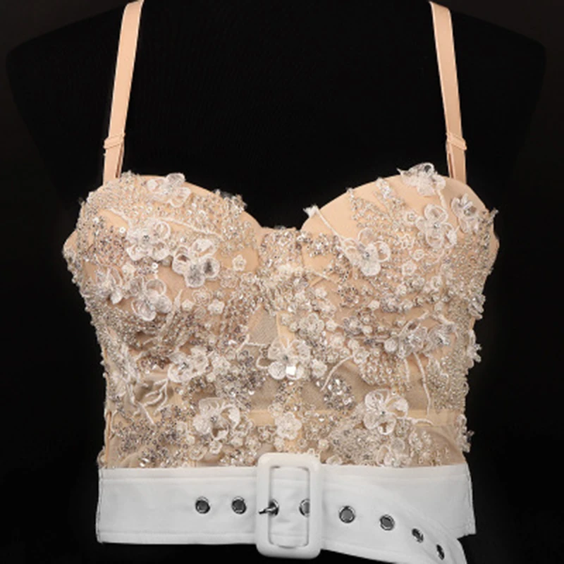 New Sexy Lace Embroidery Pearl Camisole Celebrity Fashion Adjustable Strap Body Shaping Belt Sequined Corset Bar Party Club Wear