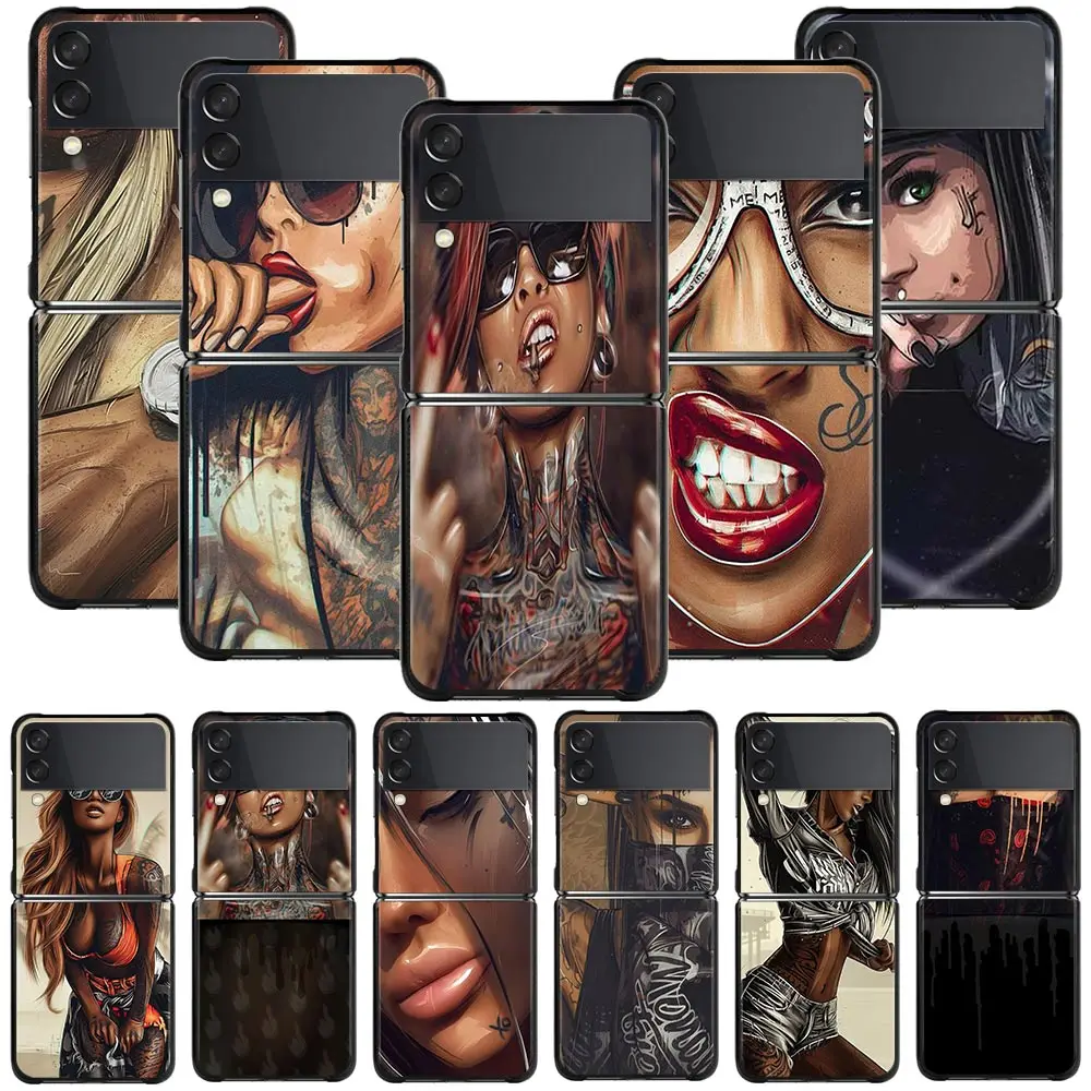 

Phone Case For Samsung Galaxy Z Flip3 5G Hard PC Fundas For Samsung Z Flip 3 5G z flip Coque Balck Cover Fashion Tattoo Girl