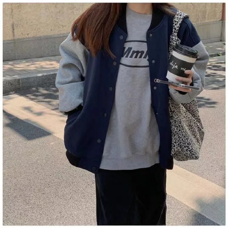 

Winter Women Baseball uniform jacket thick loose Female coat vintage Stitching clothes Streetwear Harajuku Punk key sweatshirt