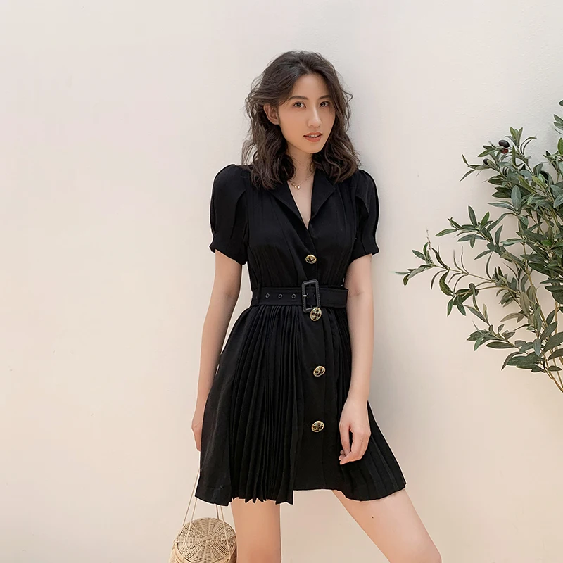 Модельное Плиссированное шифоновое платье модное офисное женское черное