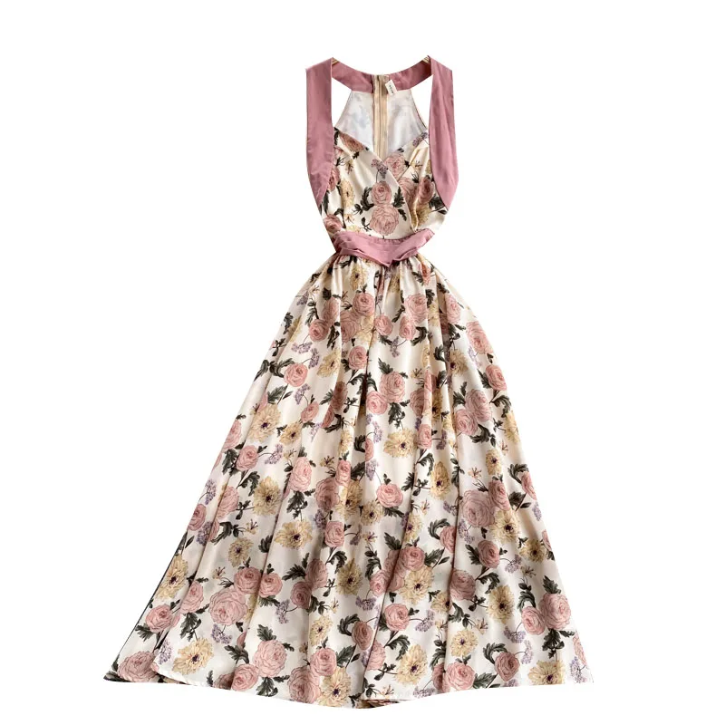 

2021 New Summer Fashion Seaside Vacation Vestidos Female V-neck Fold Slim Printed Midi Dress with Suspenders DK520