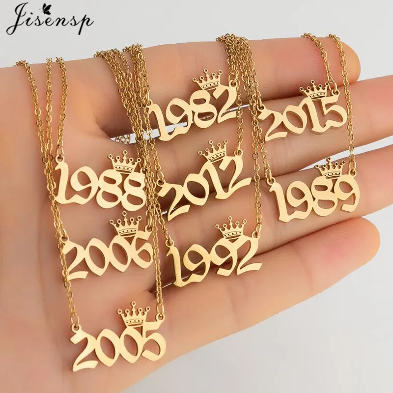 Personalize Old English Year Number Necklaces for Women Men Simple Stainless Steel Chain Custom Year 1980 to 2019 Birthday Gift