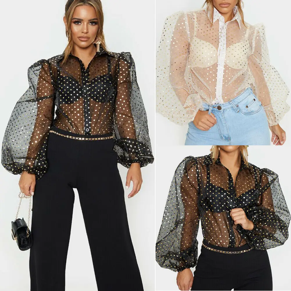 Модные женские сетчатые топы с оборками и пышными рукавами повседневные блузки в