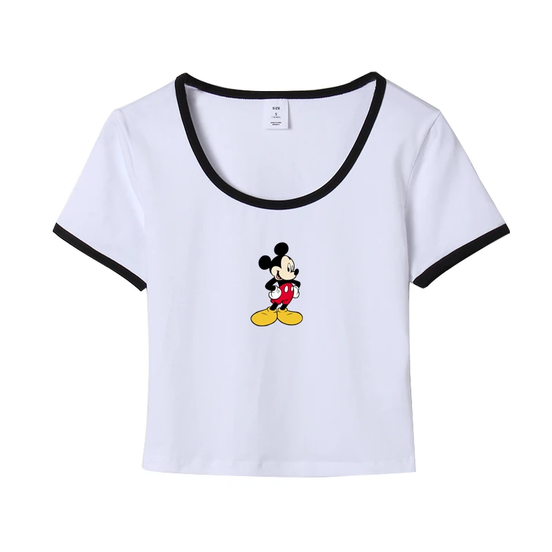 

White Mickey Mouse T-shirt High Waist Tight Exposed Navel Women Shirts Harajuku Shirt Korean Clothes Womens Clothing Cartoon