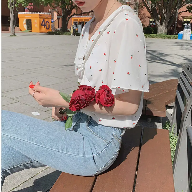 Рубашка Новая Летняя женская повседневная с v-образным вырезом винтажная блузка