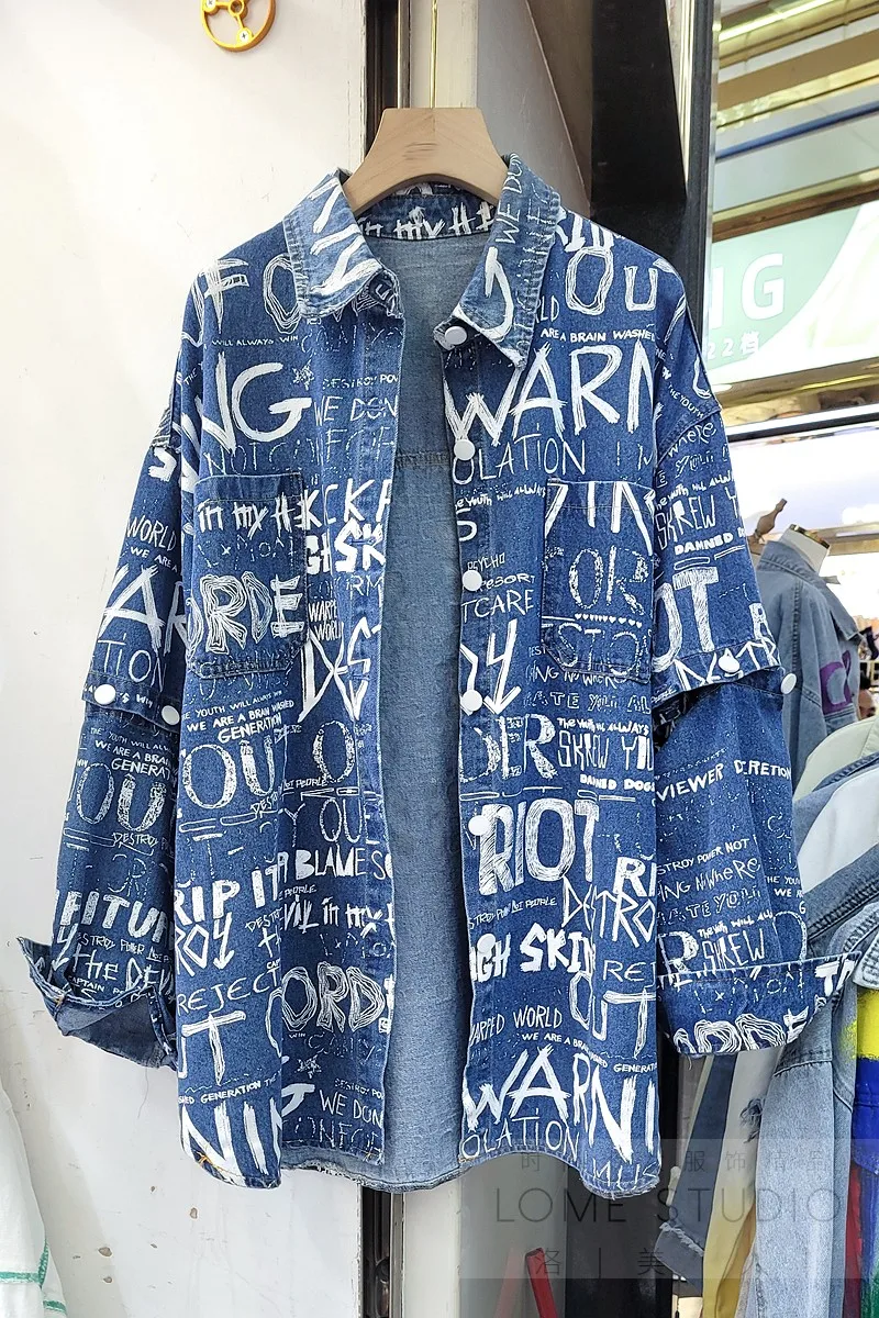 

IHOBBY Women Blue Denim Shirt Lettter Print Big Size Blouse Turn Down Label Long Sleeve Hit Color Fashion Streewear Jeans Shirt