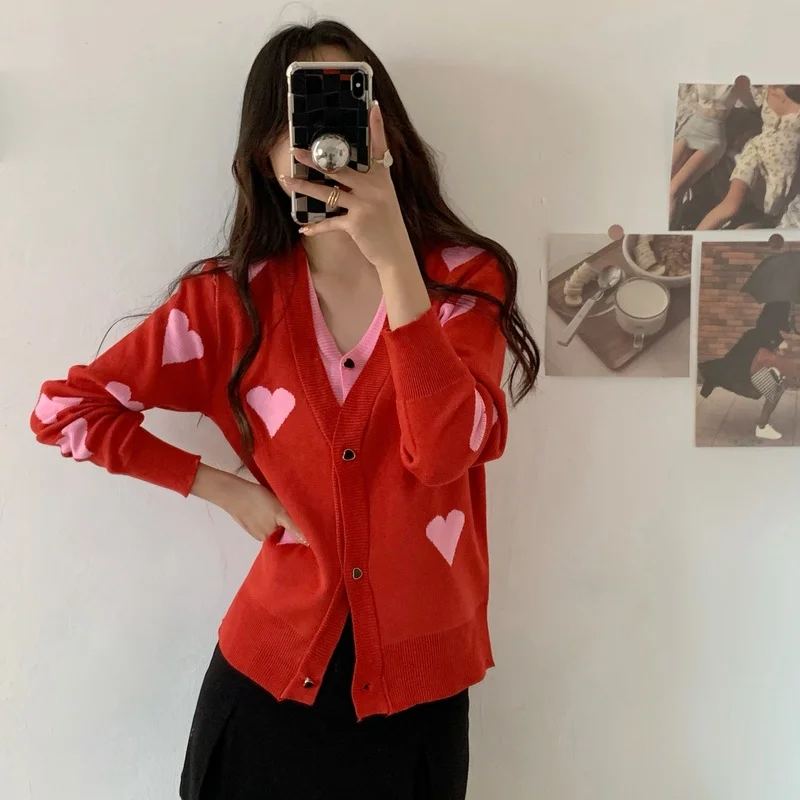Woherb Love Heart Sweater Knitted Cardigan Women 2021 V Neck Splicing Long Sleeve Jackets Autumn Winter Sweet Female Cardigans |