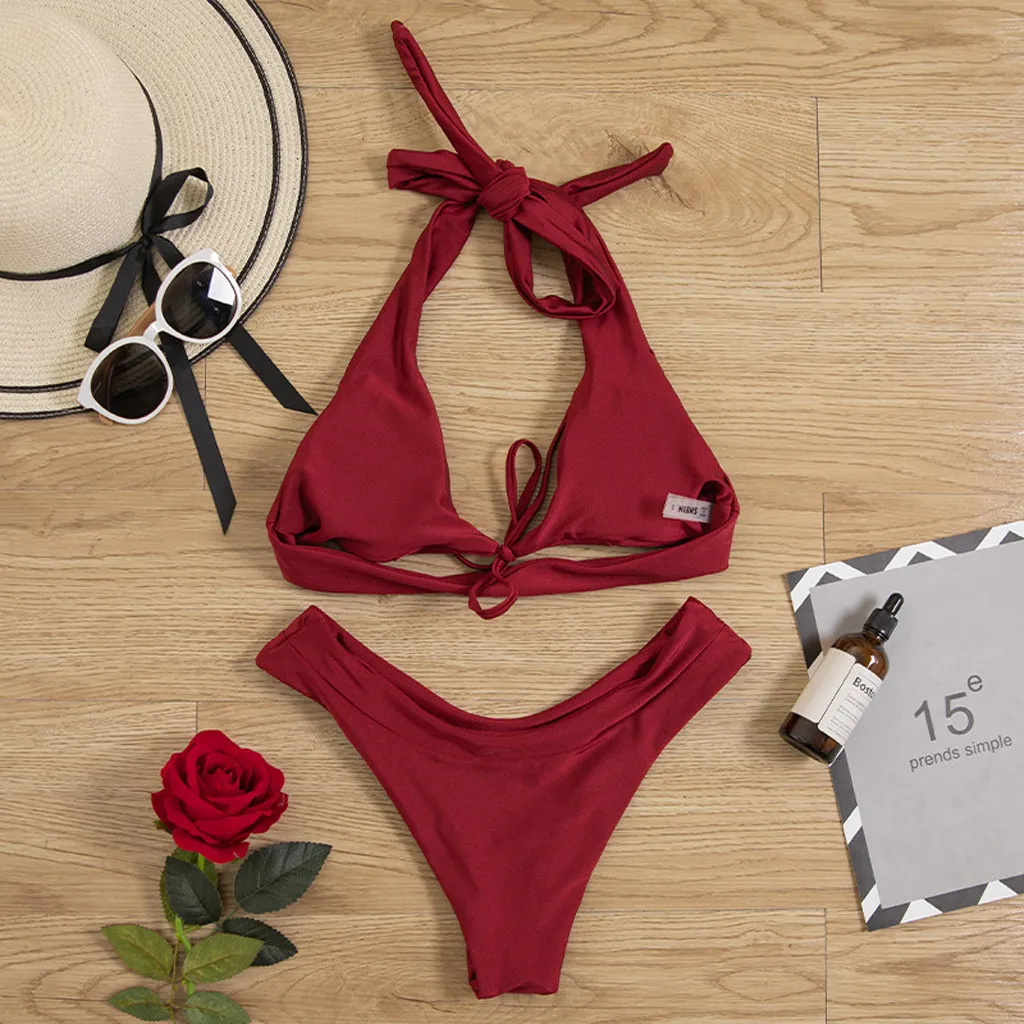 2020 Lady Bandeau High Waist Bikini Set Fashion Solid Beach Wear sexy swimwear women swimsuit Lace Up Bra thong Biquini monokini | Женская