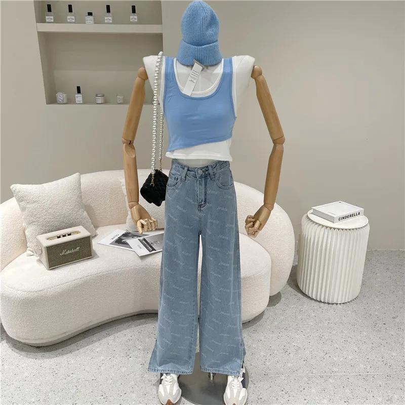 

Women's Spring 2021 Niche Design Fashion Retro High Waist Loose Pants Split Flared Pants Letter Print Wide Leg Jeans