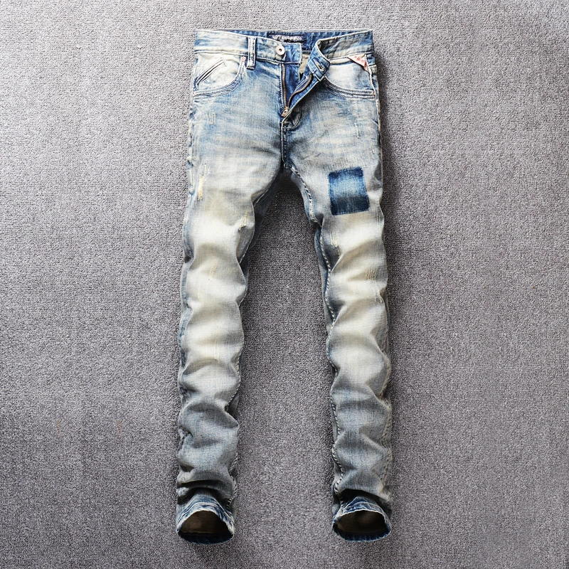 

Vintage Designer 2021 Men's Jeans Light Color Retro Washed Slim Fit Little Elastic Ripped Jeans For Men Classical Jeans homme