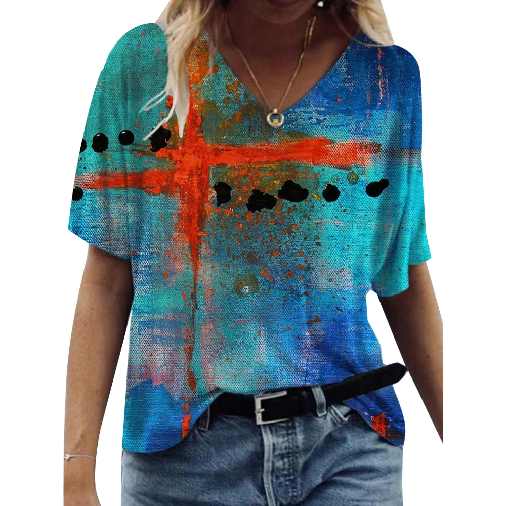 

Womens Abstract Printed Tops Short Sleeve V-neck T-shirt Blouse Summer V Neck Loose Basic Tee Harajuku Tshirt
