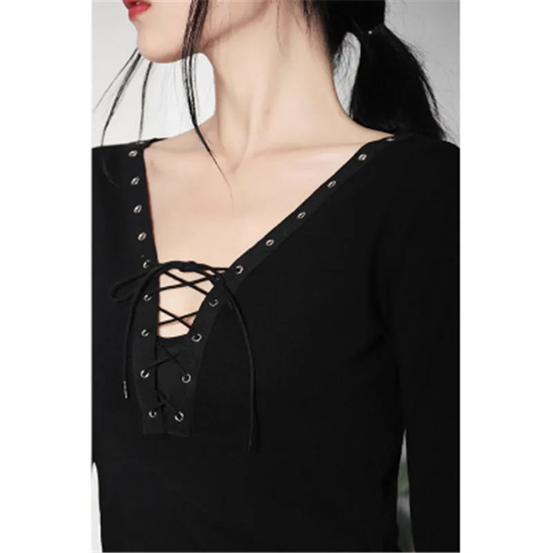 Сексуальная футболка на шнуровке блузка с длинным рукавом осенняя Черная