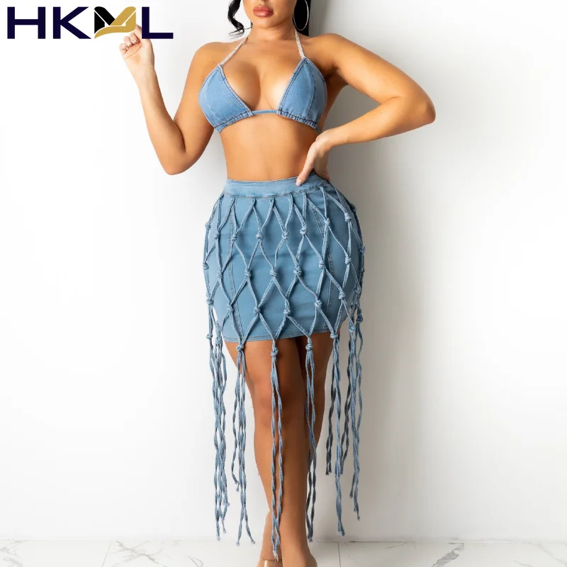 

Summer 2021 Sexy Fashion Outfit Women Denim Set Halter Bandage Bra Tops Zip Mini Skirts Braid Rope Two Piece Sets