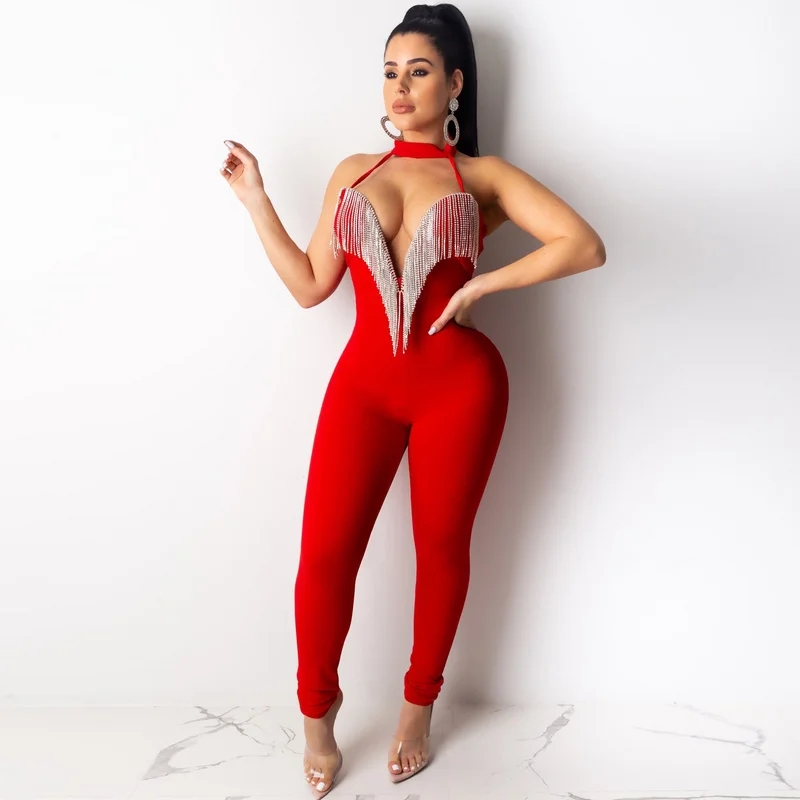 Женский Облегающий комбинезон из вискозы с глубоким v образным вырезом и кисточками Новинка|Женские