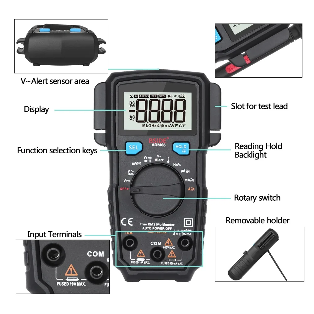 Мини цифровой мультиметр BSIDE ADM66 62 Автоматический диапазон True RMS DMM DC/AC Напряжение Ток Температура Емкость диод ом тестер