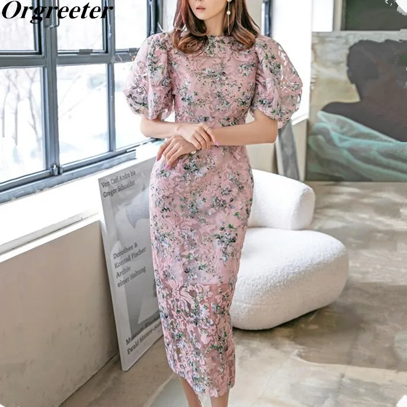

High Quality Pink Printted Pencil Dress Robe Femme 2021 Summer New Elegant Ruched Bubble sleeve O-neck Slim Bodycon Party Dress