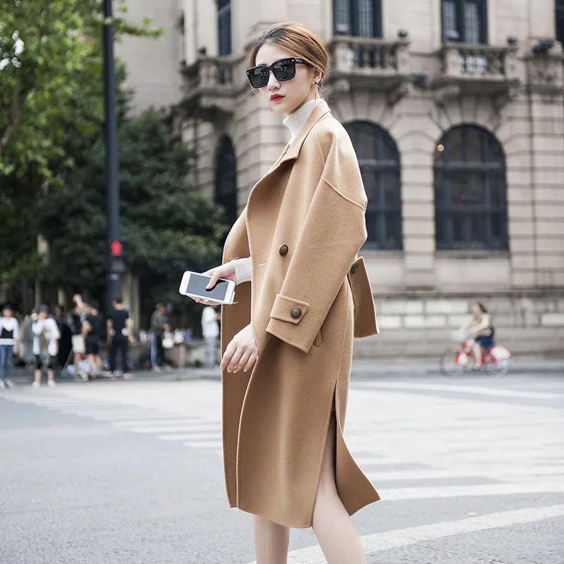 

long woolen blends cashmere coats for women 2019 autumn winter ladies jackets plus size overcoats beige double sided belt