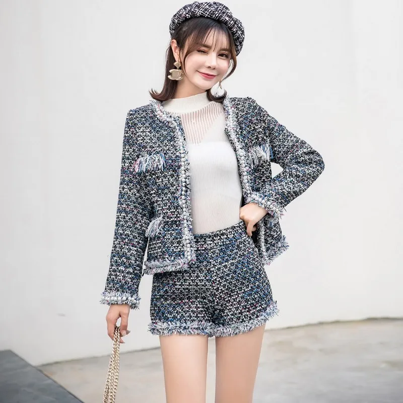 Brand New Women 2pcs Set Tweed Jacket Pearls Office Ladies Slim Fit Twill Outfits Suit Hot Shorts Tassels Business Work Suits | Женская