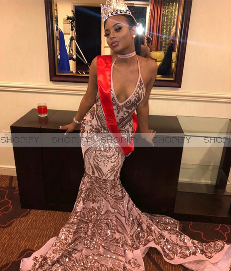 

Long Rose Gold Prom Dresses 2022 Sexy Halter Mermaid Backless Black Girls African Sequined Prom Party Formal Dress