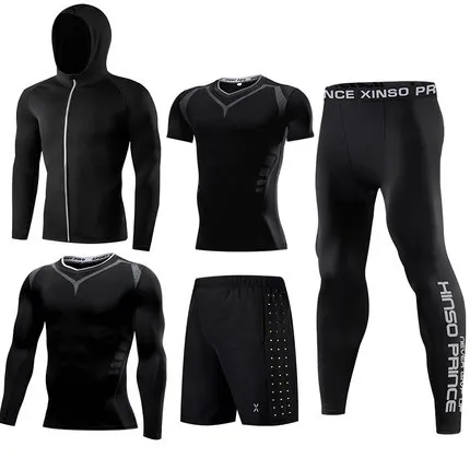 Fitness suit men's basketball tights training suit running gym fast dry spring and autumn five-piece set - Цвет: Коричневый