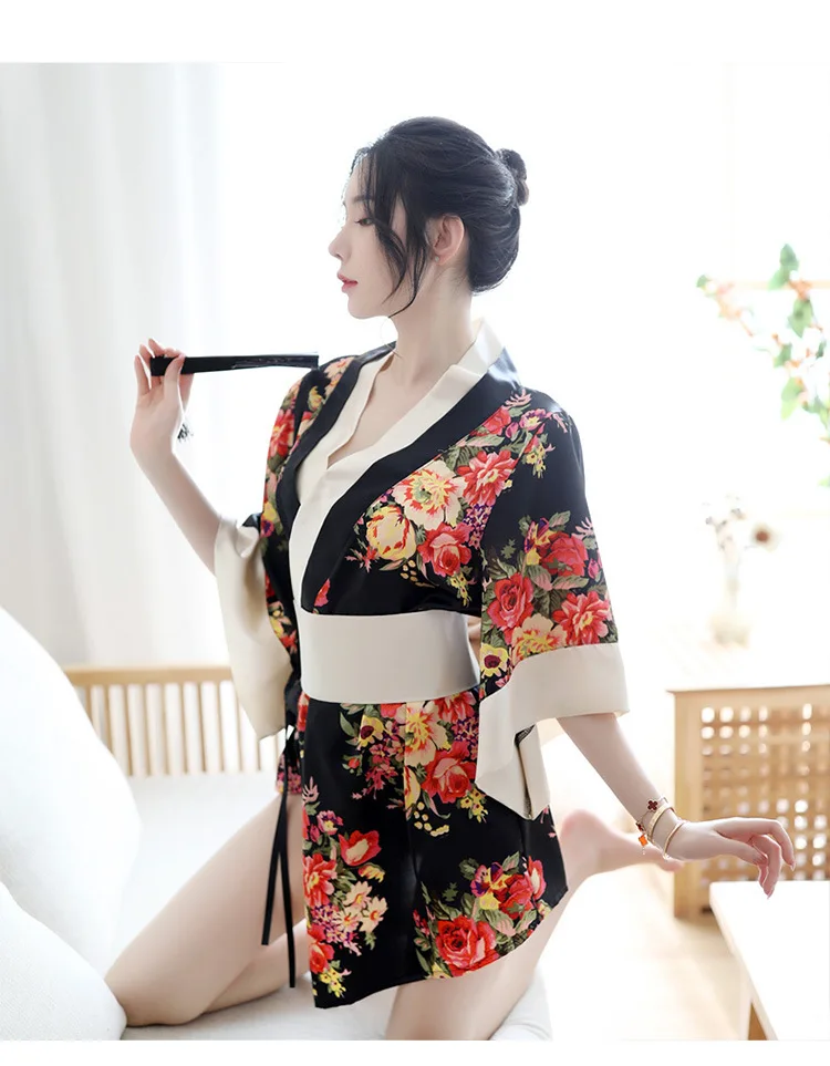 

Exotic Costume Japanese Kimono Women Sexy Lingerie Set Floral Print V-neck Christmas Lingerie Bathrobe Short Robe Erotic Cosplay