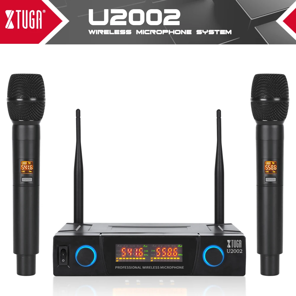 Enlarge XTUGA U2002 Wireless Microphone with 2 UHF Handheld Mic Karoke Microphone 50m Fixed Frequency For Party Karaoke Church Stage