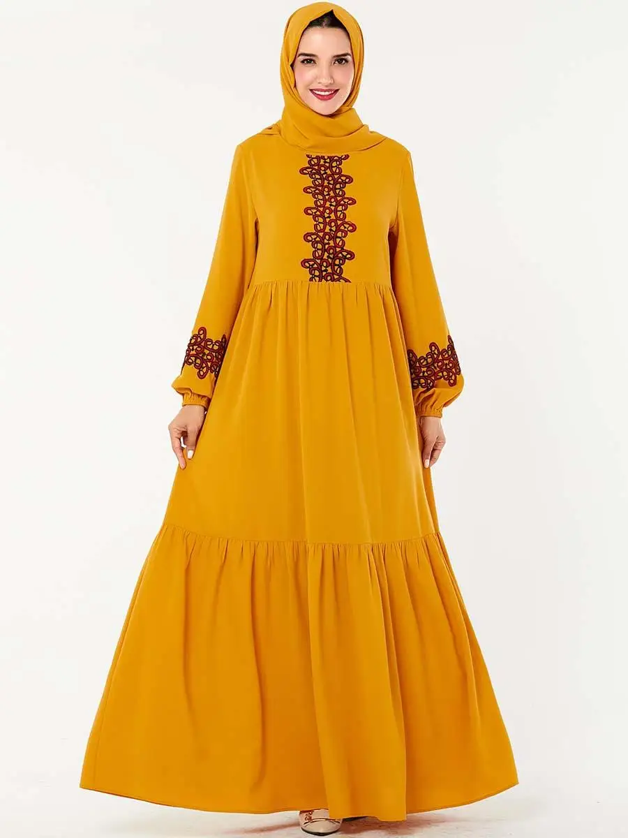 

Dubai Women Loose Long Maxi Dress Embroidery Muslim Cocktail Party Abaya Robe Draped Islamic Clothing Turkish Yellow Dresses New