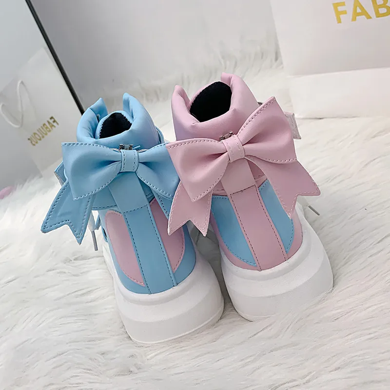 

Bow Platform Sneakers Casual Lace-Up Wedges High Heel Womens Shoes Outdoor Blue Pink Vulcanize Shoes Women Cute Shoes