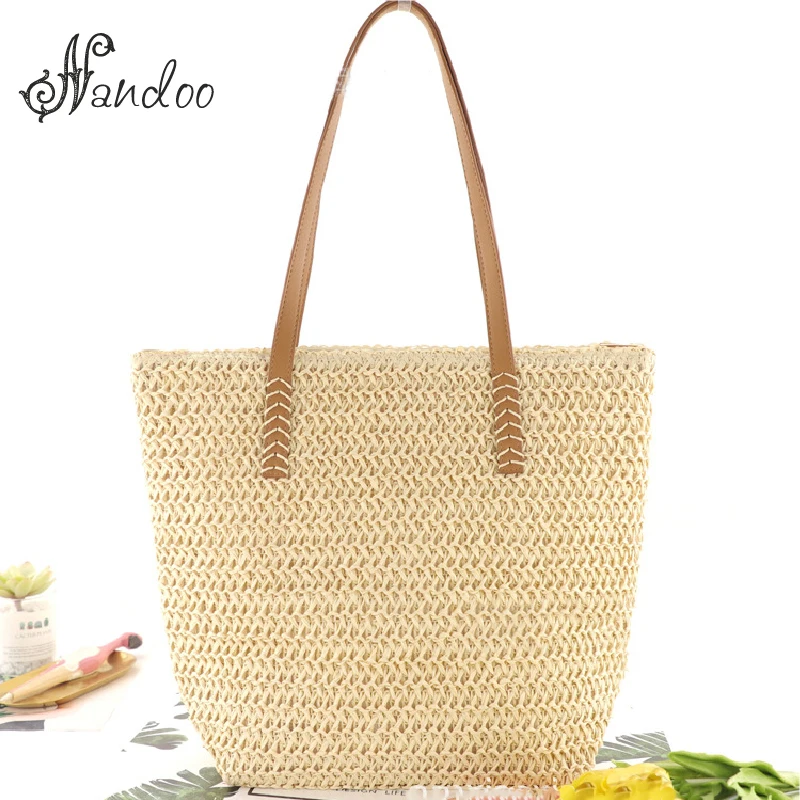 

Тканая однотонная женская Повседневная пляжная сумка-тоут, женская соломенная сумка на плечо, женская новая сумка для отдыха, сумка для пок...