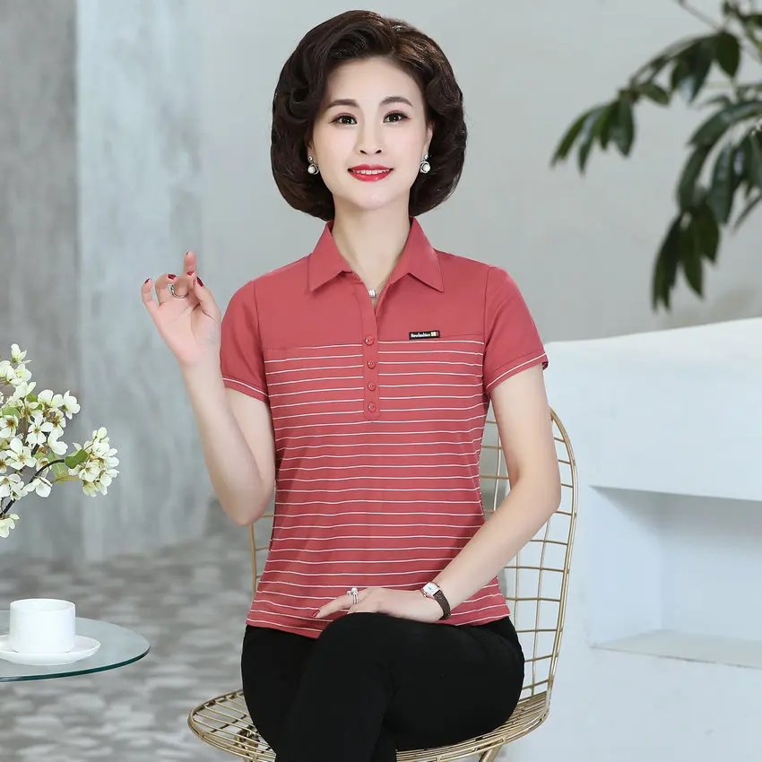 

Red Pink White Striped Design POLO Shirt Middle Aged Women Casual Turn Down Collar Short Sleeve Cotton Top Plus Size Clothes New