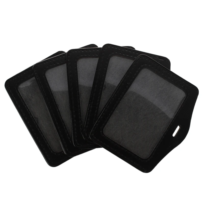 

5 Pcs Black Clear Faux Leather Business ID Card Badge Holder