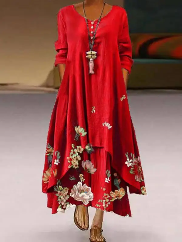 

2021 Summer Dress Women Elegant Floral Print Long Sleeve Spring Dress Fashion O Neck Loose Party Dress Women Maxi Dress Vestidos