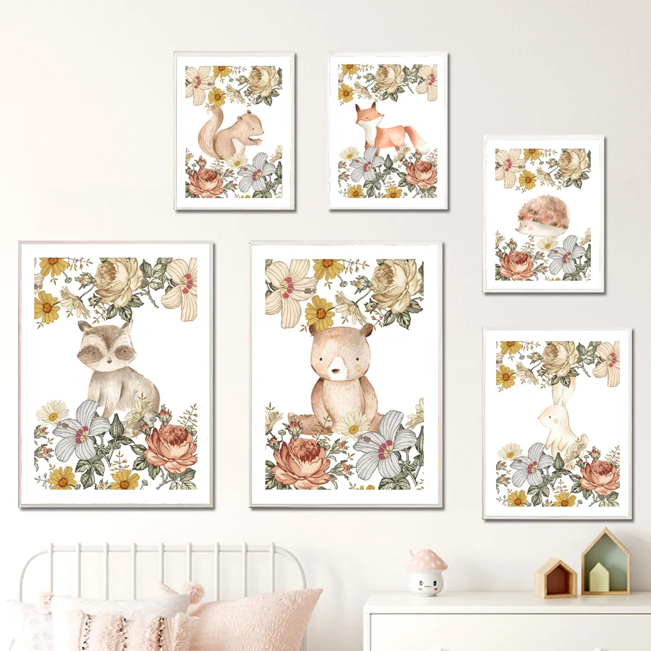 Настенные постеры с изображением лесных животных белки енота лисы медведя