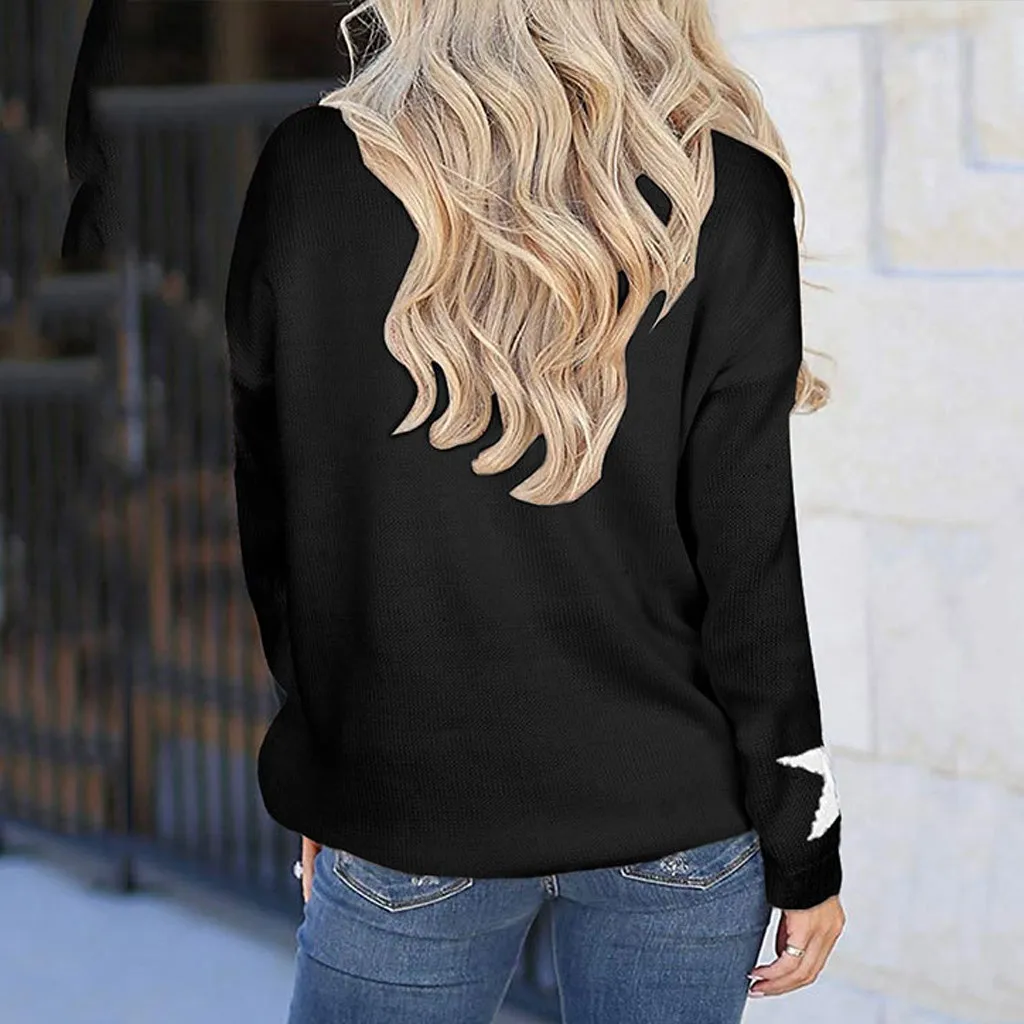 Autumn/winter 2019 new Hong Kong style sweater women's pullover loose retro hairy five-pointed star knitted Women A30827 | Женская