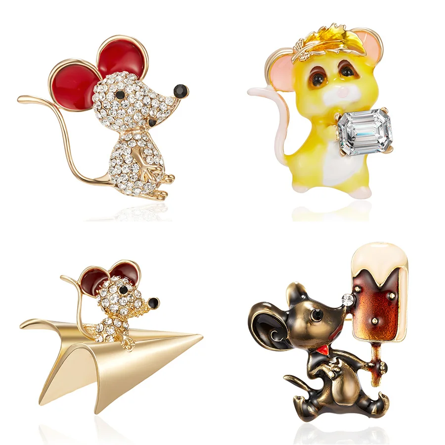 8 видов стилей мышь едят мороженое Броши шпильки золотистого цвета Стразы