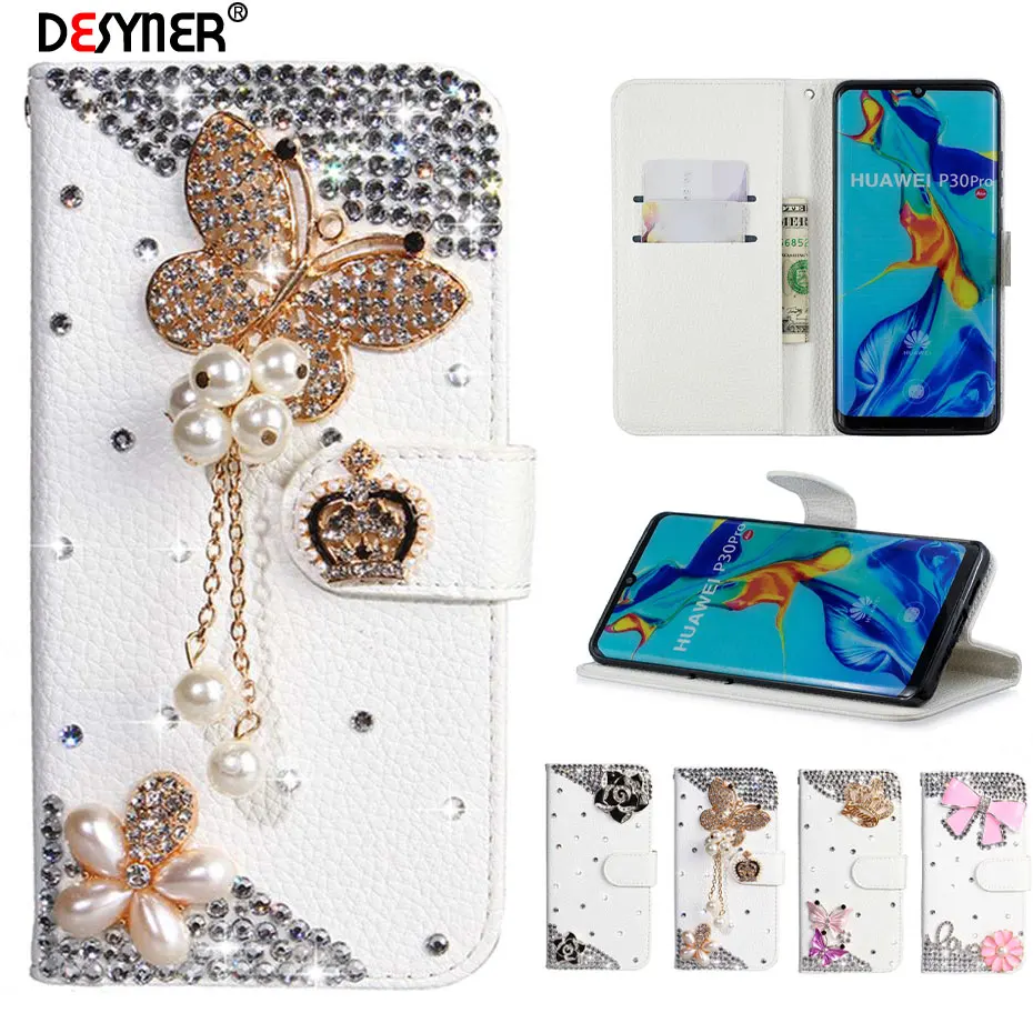 Кожаный флип чехол со стразами для Huawei P30 P20 Pro Mate 20 10 P9 Lite Mini P Smart 2019 Plus Y5 Y6 Y7 Y9 2018 Honor