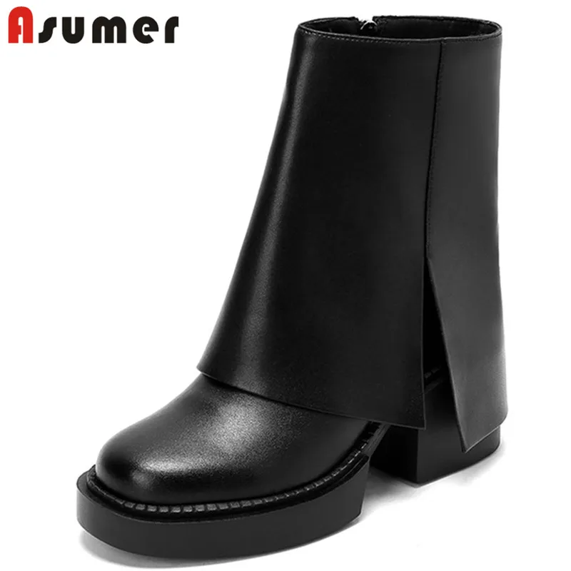 

Женские ботинки в западном стиле Asumer, из натуральной кожи, с круглым носком, на платформе и высоком каблуке, винтажные, 2022