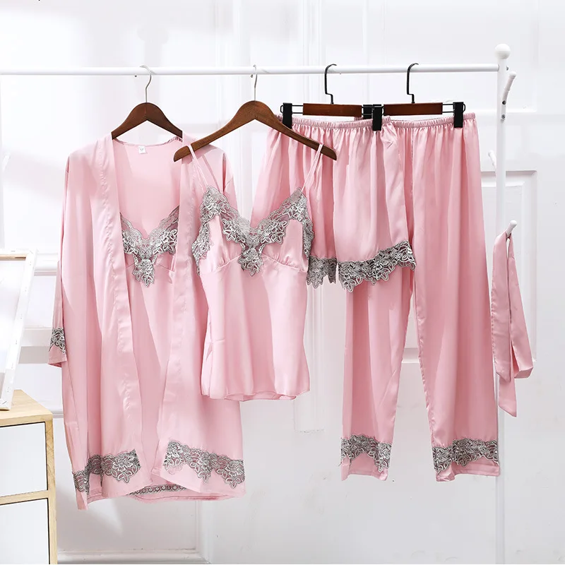 

5pcs Suit Ladies Sexy Silk Satin Pajama Set Female Lace Pyjama Set Sleepwear Autumn Home nightwear For Women
