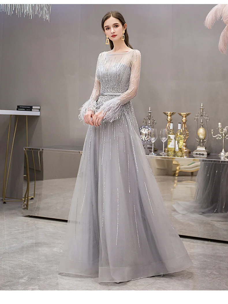 Вечернее платье с длинными рукавами тонкий кристалл бисером серый длинный