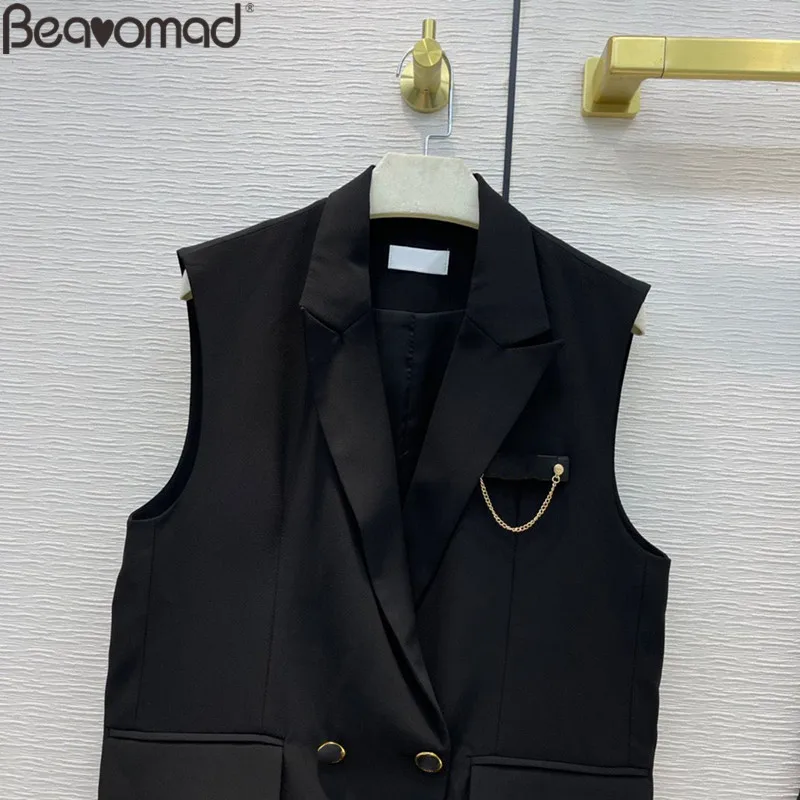 Bearomad 2021Fashion Woman Black Shorts Suit Lapel Sleeveless Straight Type Long Style Coat + Solid Loose Half Pants 2 Piece Set