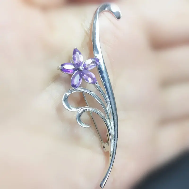 Натуральный Аметист цветок стиль брошь булавки Бесплатная доставка Серебро 925