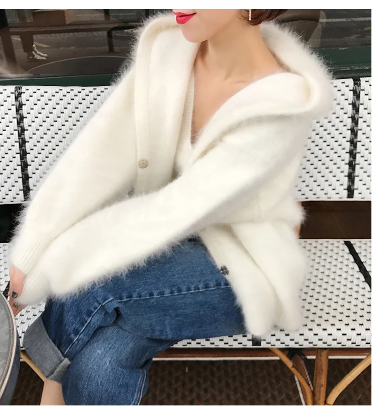 

NEW Women Mink Cashmere Sweater Cardigan with Hooded Lantern Sleeve Coat Outwear Jacket