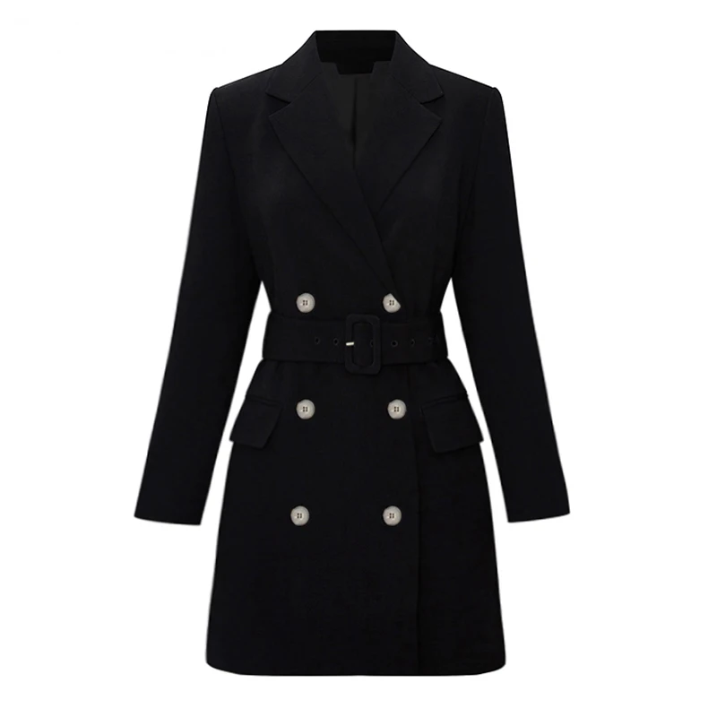

[EAM] Women Black Double Breasted Temperament Dress New Lapel Long Sleeve Loose Fit Fashion Tide Spring Autumn 2021 1DB315