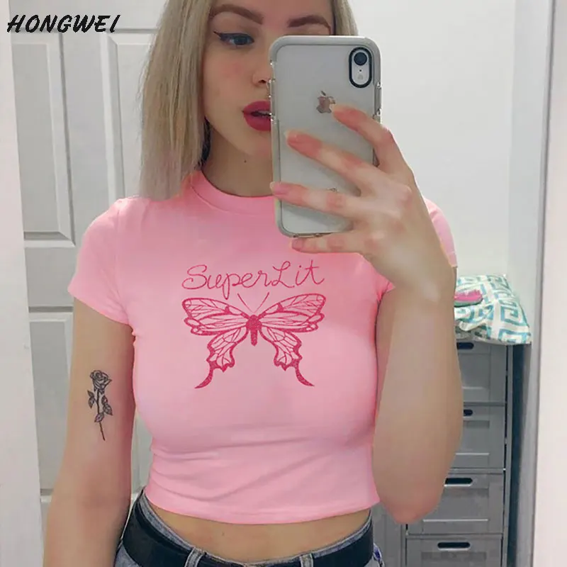 Женский короткий топ Сексуальная футболка с коротким рукавом и принтом для