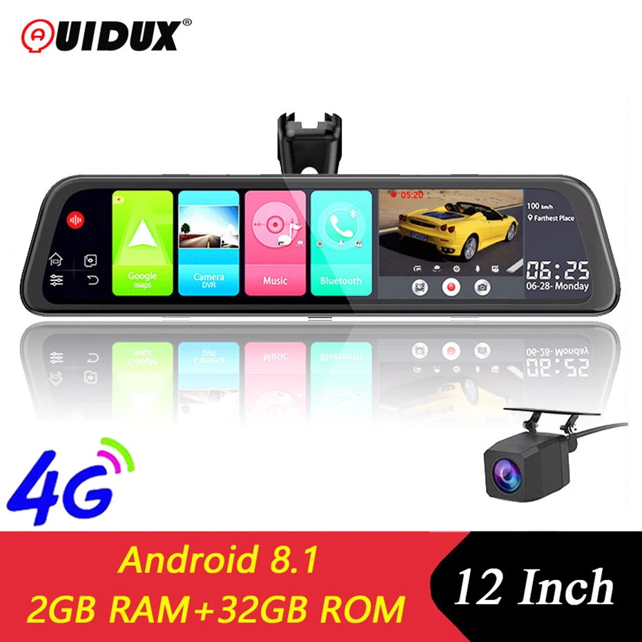 QUIDUX 4G 1" Сенсорное Автомобильное Зеркало Видео Android 8,1 видеорегистратор gps навигатор ADAS FHD 1080P двойная камера зеркало заднего вида DVR рекордер