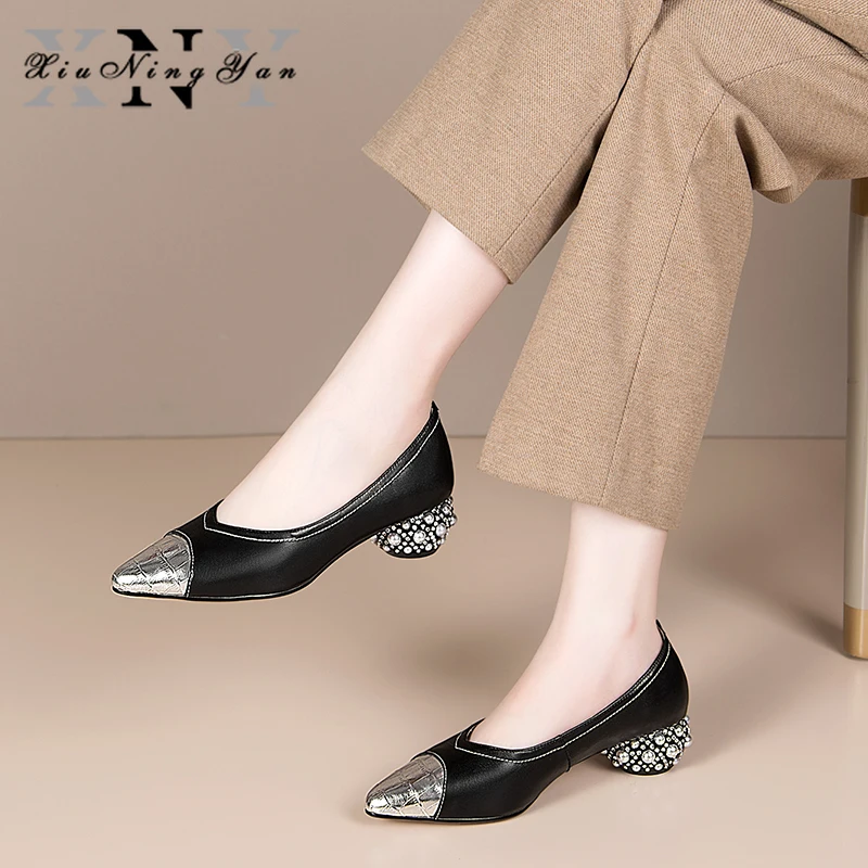 

Xiuningyan/элегантные женские туфли-лодочки; Женская обувь из натуральной кожи с острым носком; Классические модельные туфли; Свадебная Базовая ...