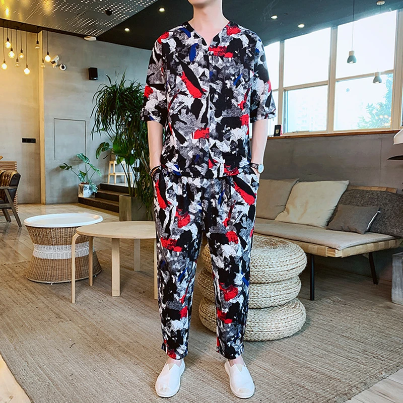 

KOLMAKOV 2021 Spring Mens Cotton Short Sleeve Shirts+Trousers Set Men Printed Casual Sets Graffiti Sweat Suits Male M-5XL TZ200