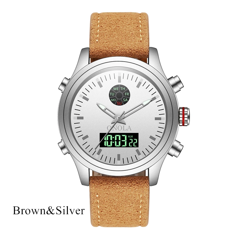brown silver ONOLA брендовые высококачественные прочные мужские спортивные военные часы, мужские наручные часы с двойным дисплеем со светодиодной подсветкой, Цифровые мужские часы s - Цвет: brown silver