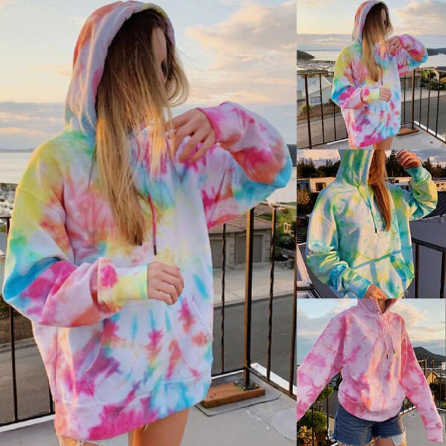 

Tie Dye Women Hoodie Sweatshirts Autumn Long Sleeve Drawstring Oversized Harajuku Casual Loose Pocket Hooded Jacket Streetwear